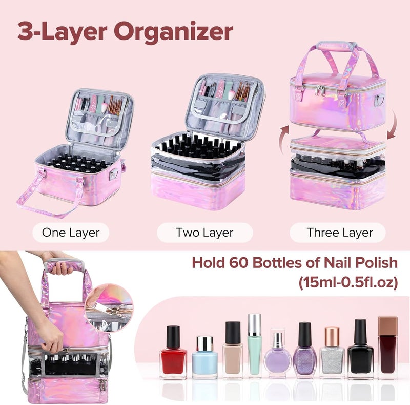 BELOVING Nail Polish Organizer Case, 3 Layers Removable Nail Polish Storage Bag Holds 60 Bottles and Nail Lamp with Shoulder Strap Portable Holographic PU Leather Nail Kit Storage for Manicure Tools (Pink) - Image 2